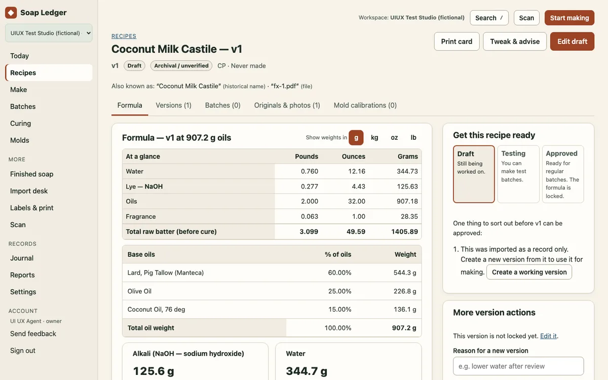 A recipe in Soap Ledger: amounts at a glance, the oil list with percentages and weights, and the lye and water amounts with how they were worked out.
